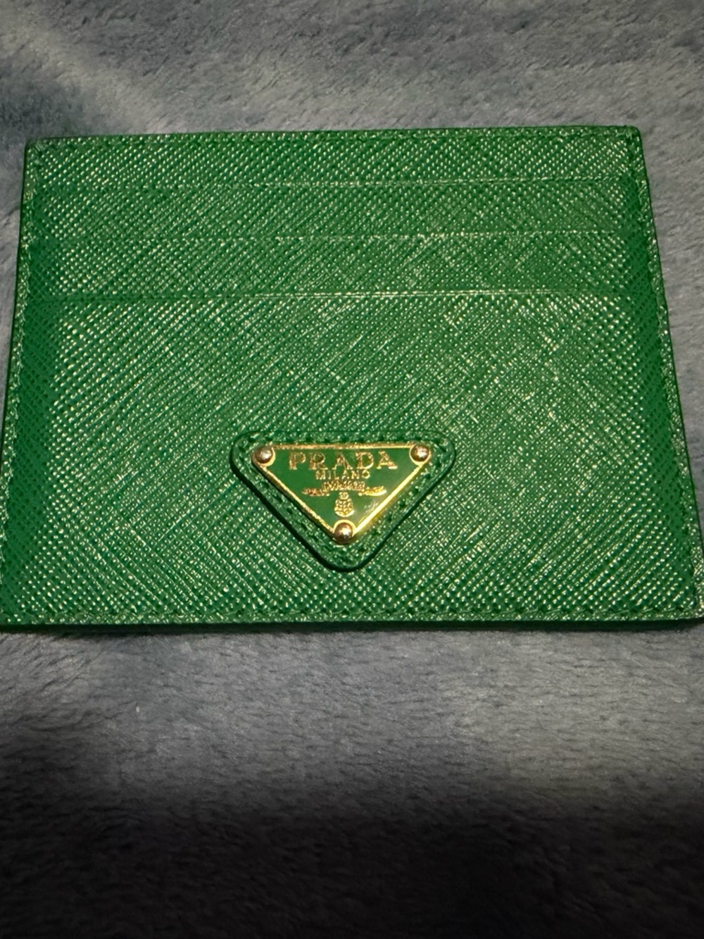 Prada Green Saffiano Leather Card Case with Gold Triangle Logo